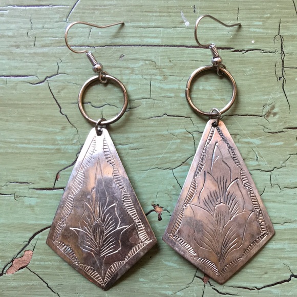 Vintage Jewelry - Vintage upcycled handmade etched metal boho gypsy earrings